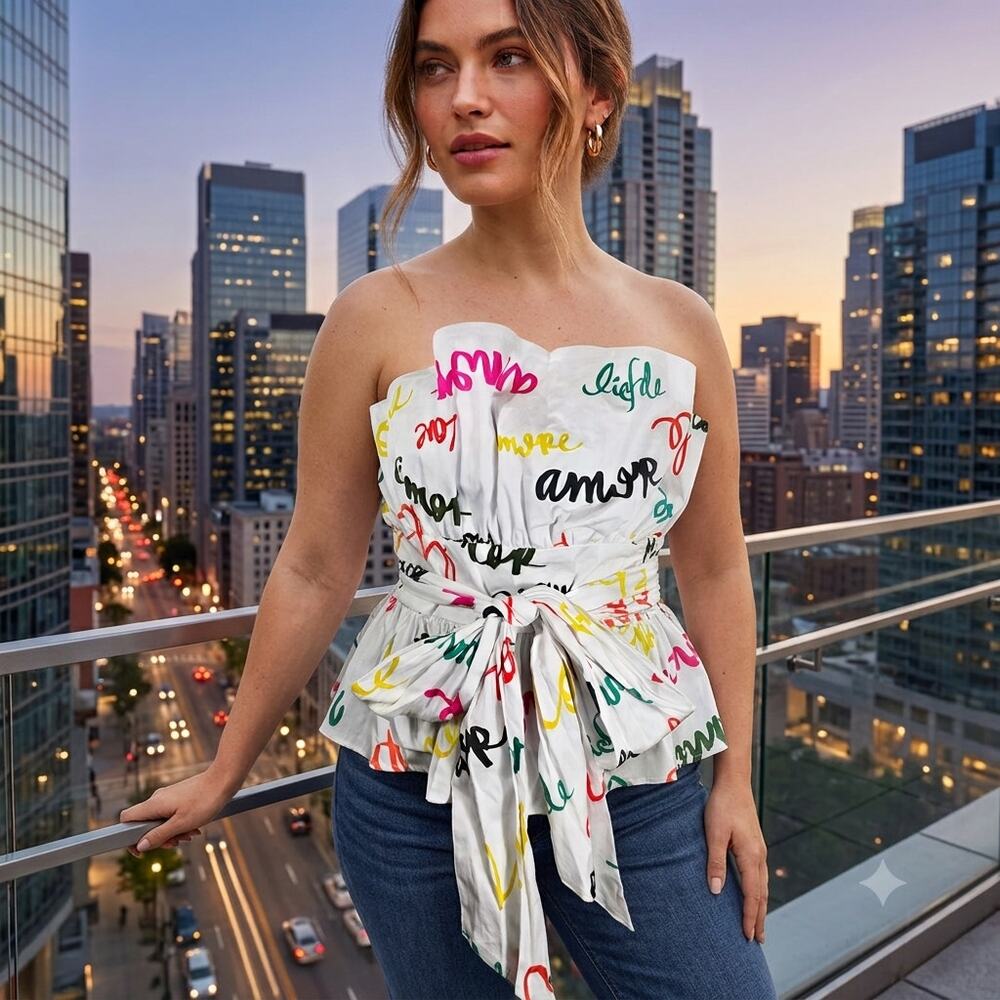 NWT New York & Company Multi-Lingual Graffiti "Love" Print Strapless Top.  XL.